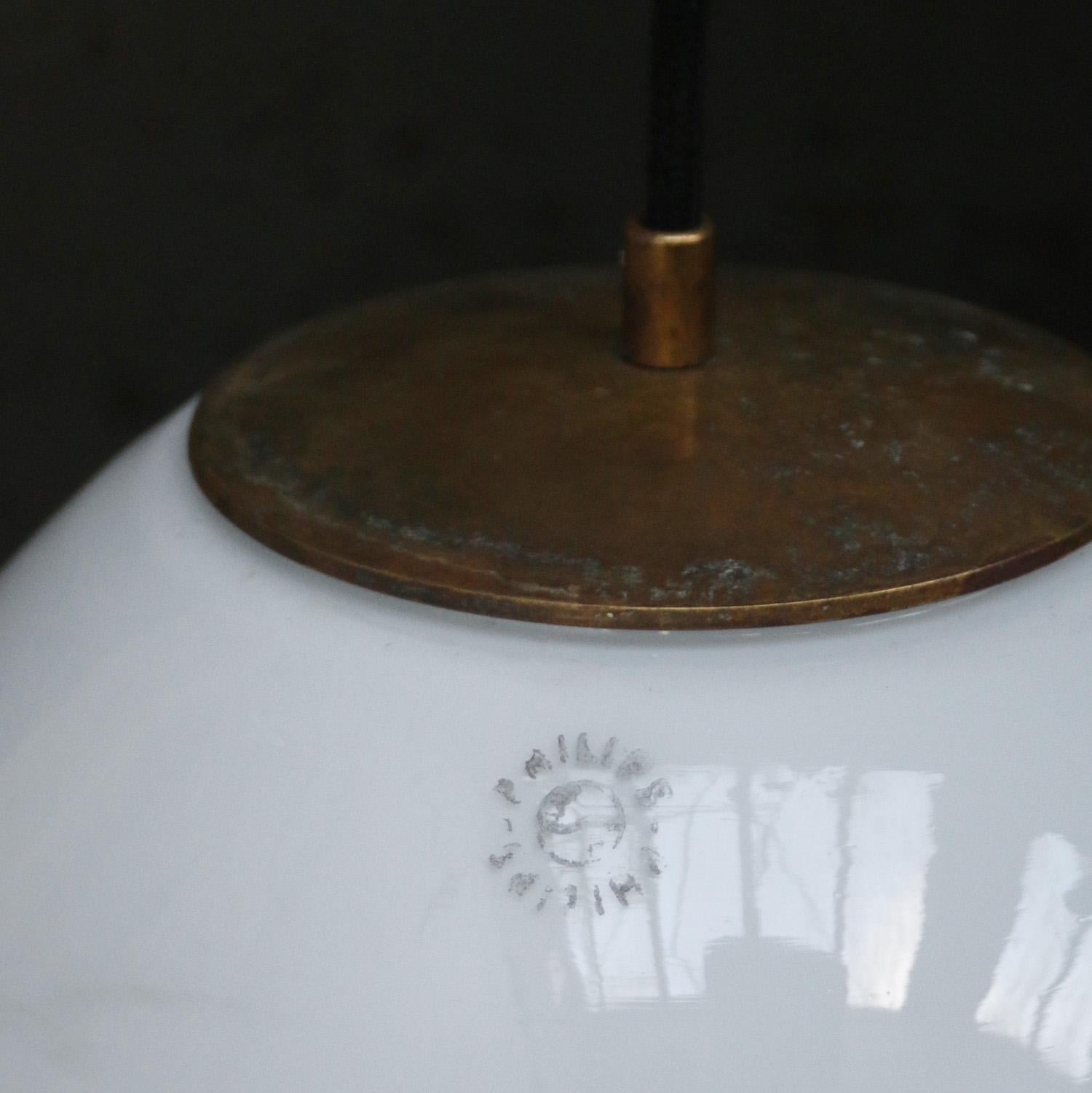 20th Century White Opaline Milk Glass Mid-century Brass Top Pendant Light by Philips, Holland For Sale