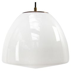 White Opaline Milk Glass Mid-century Brass Top Pendant Light
