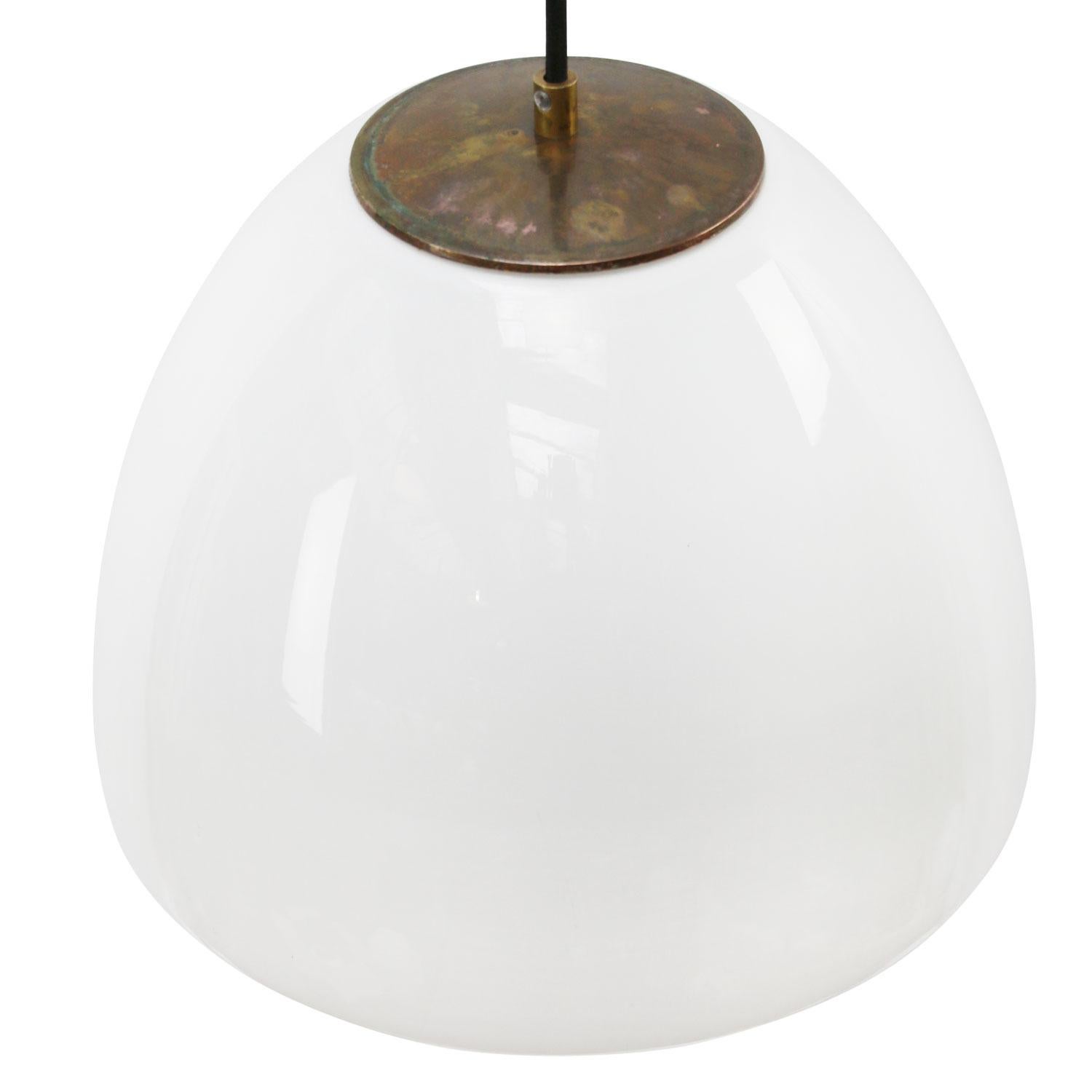 Mid-Century Modern White Opaline Milk Glass Mid-century Brass Top Pendant Lights For Sale