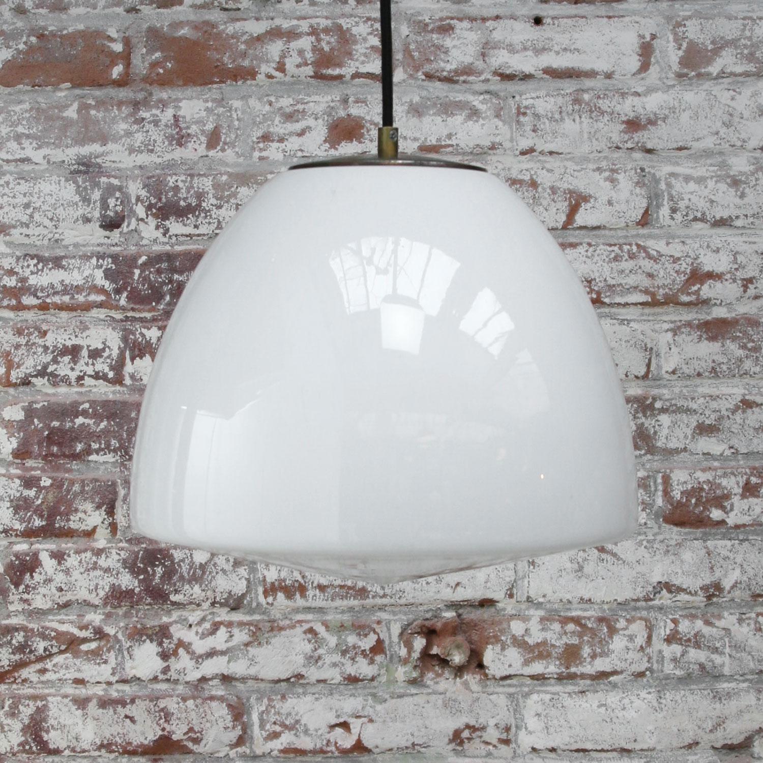 White Opaline Milk Glass Mid-century Brass Top Pendant Lights In Good Condition In Amsterdam, NL
