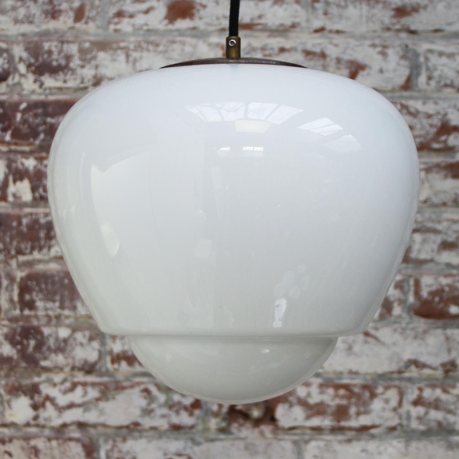 20th Century White Opaline Milk Glass Midcentury Brass Top Pendant Lights For Sale