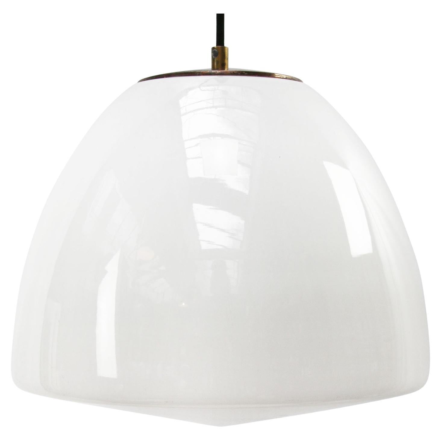 White Opaline Milk Glass Mid-century Brass Top Pendant Lights For Sale