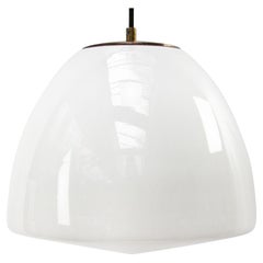 White Opaline Milk Glass Mid-century Brass Top Pendant Lights