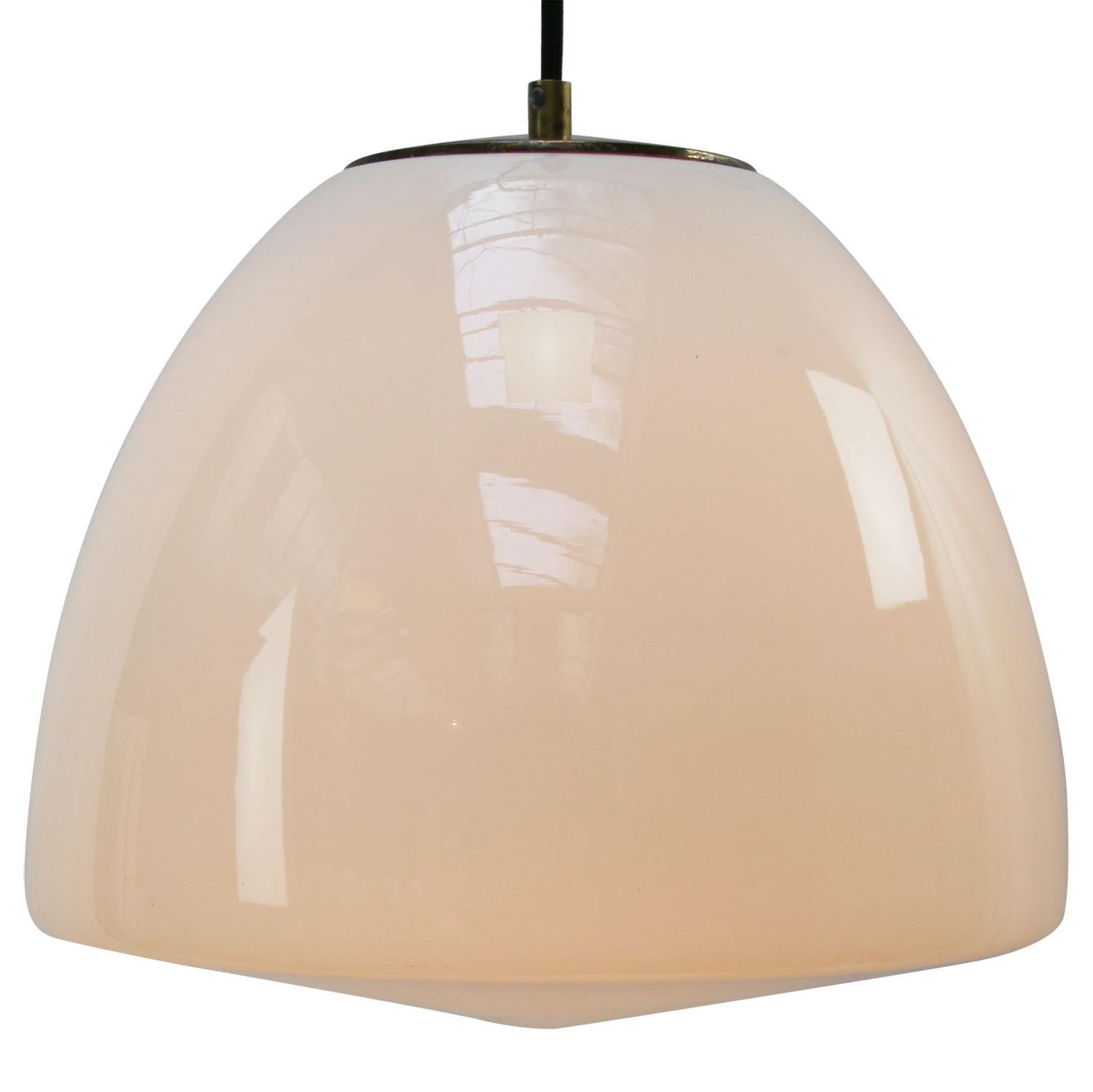 Bauhaus White Opaline Milk Glass Vintage Industrial Brass Top Pendant Light