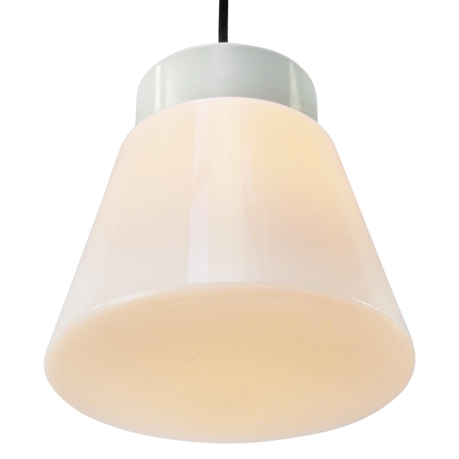 Opaline milk glass pendant.
2 meter black wire

Weight: 1.50 kg / 3.3 lb

Priced per individual item. All lamps have been made suitable by international standards for incandescent light bulbs, energy-efficient and LED bulbs. E26/E27 bulb