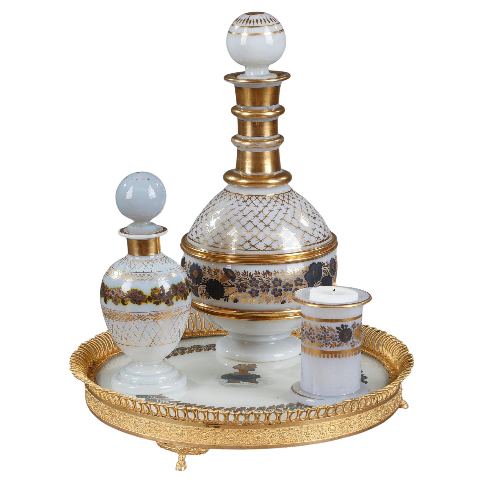 White Opaline Service with Black and Gold Decoration For Sale