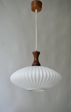 Two White Opaline  Ufo Pendant Light With Teak Wood