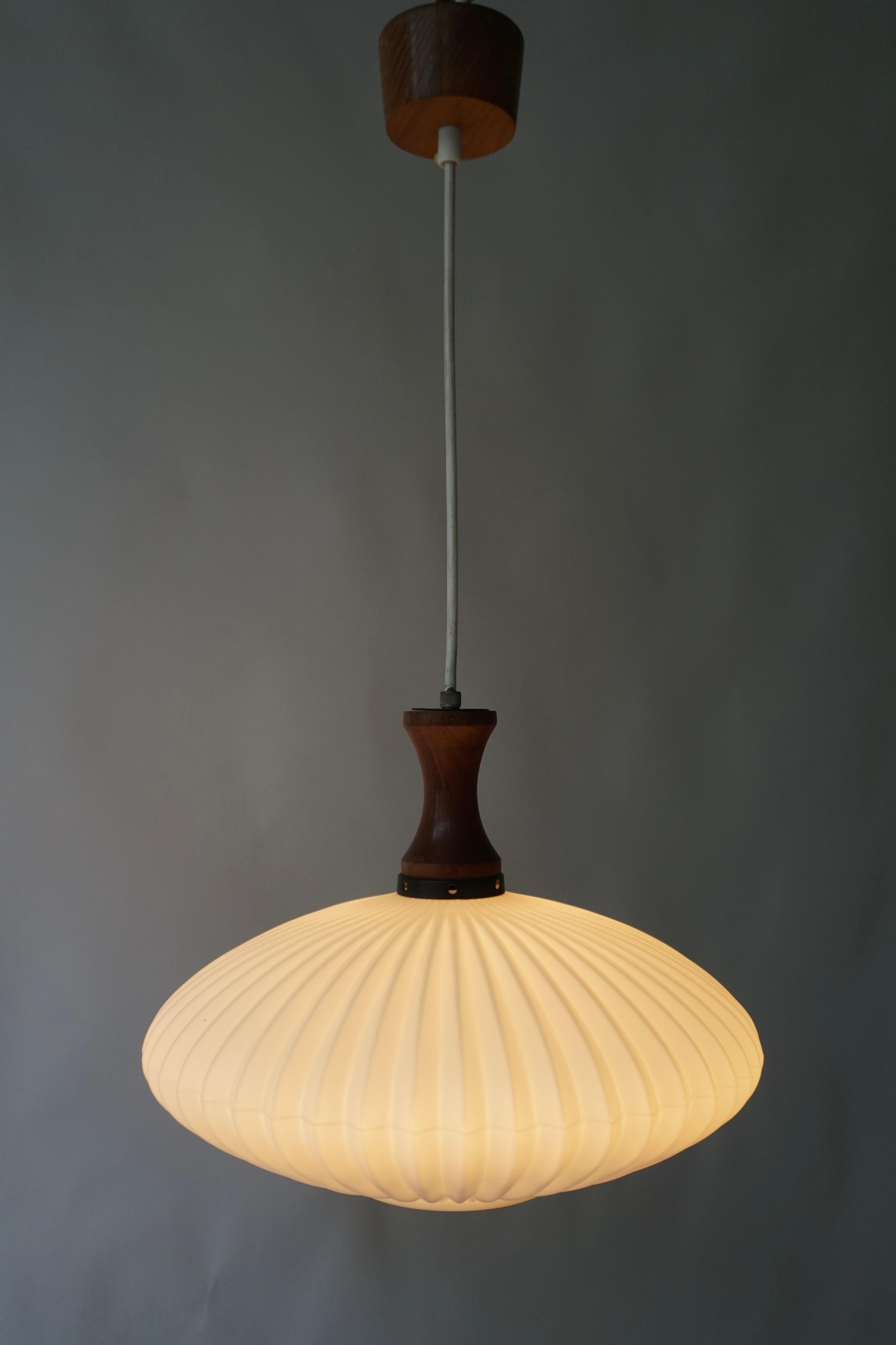 Belgian White Opaline  Ufo Pendant Light With Teak Wood For Sale