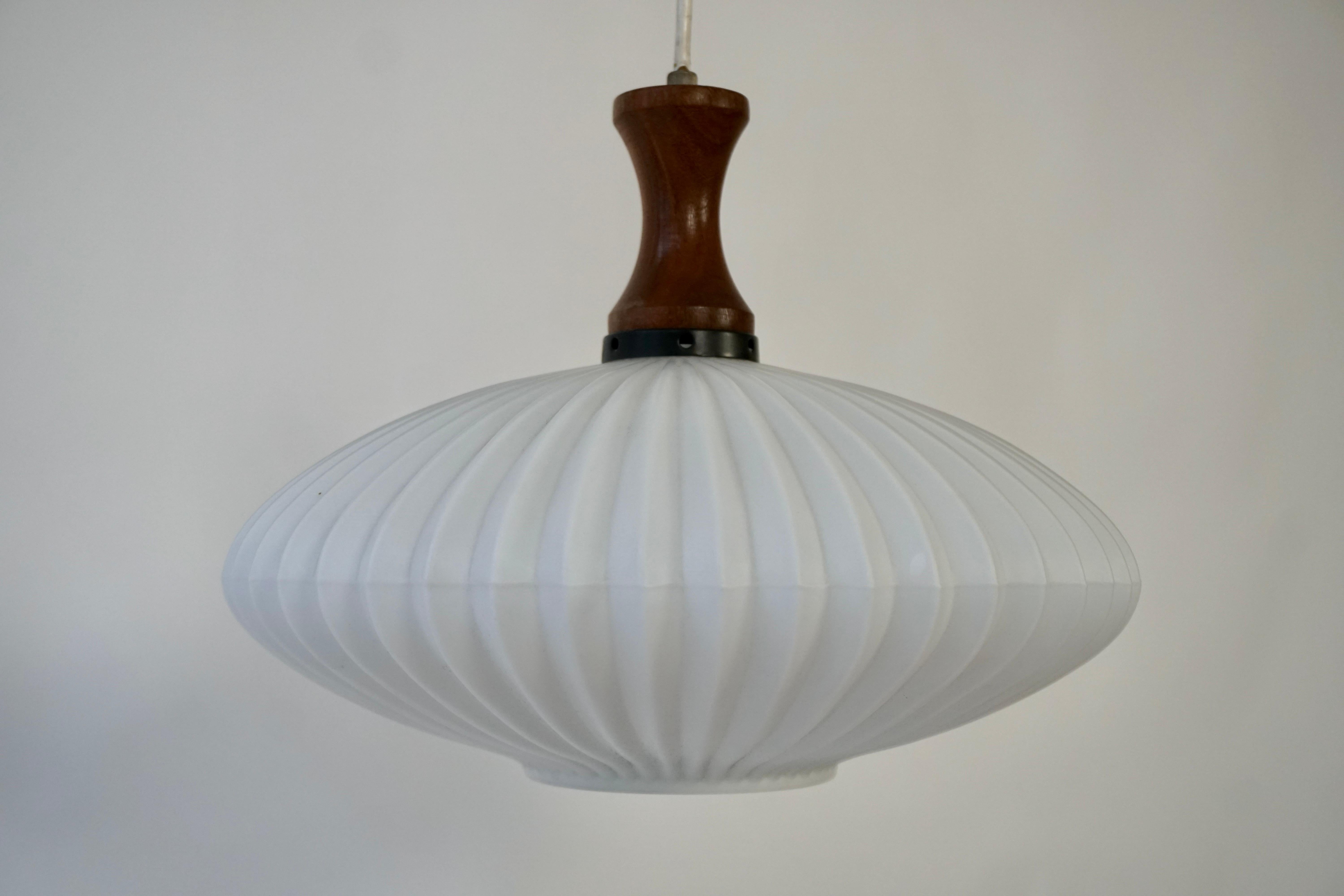 White Opaline  Ufo Pendant Light With Teak Wood For Sale 1