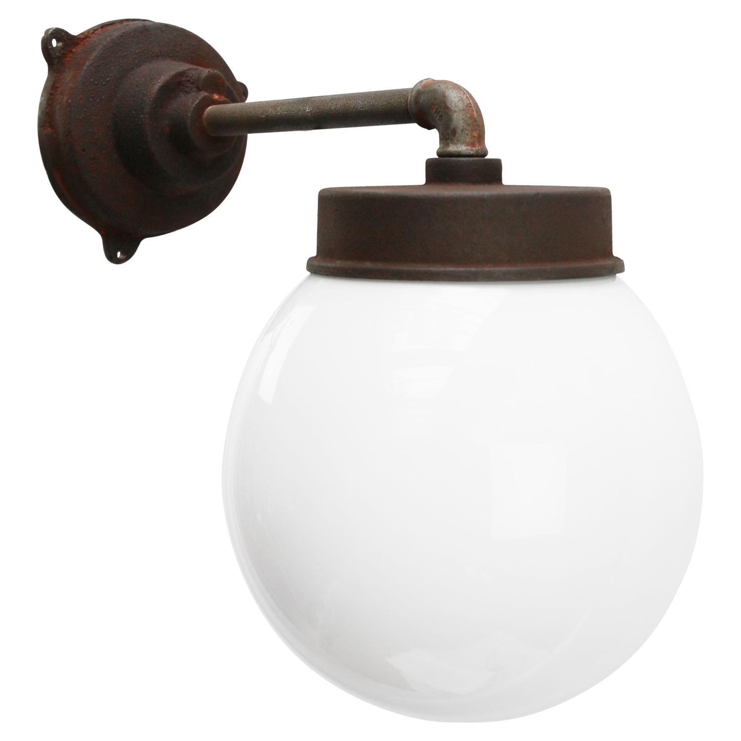 Hungarian White Opaline Vintage Industrial Cast Iron Arm Scone Wall Light