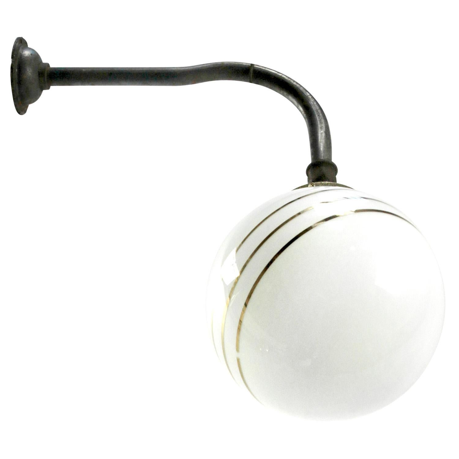 20th Century White Opaline Vintage Industrial Cast Iron Brass Scones Wall Lights For Sale