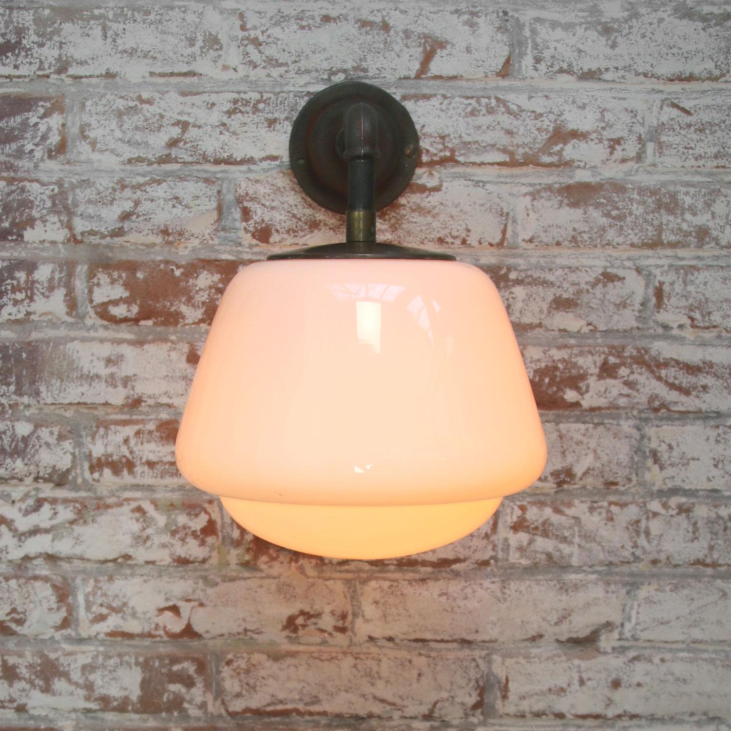 Dutch White Opaline Vintage Industrial Cast Iron Brass Scones Wall Lights