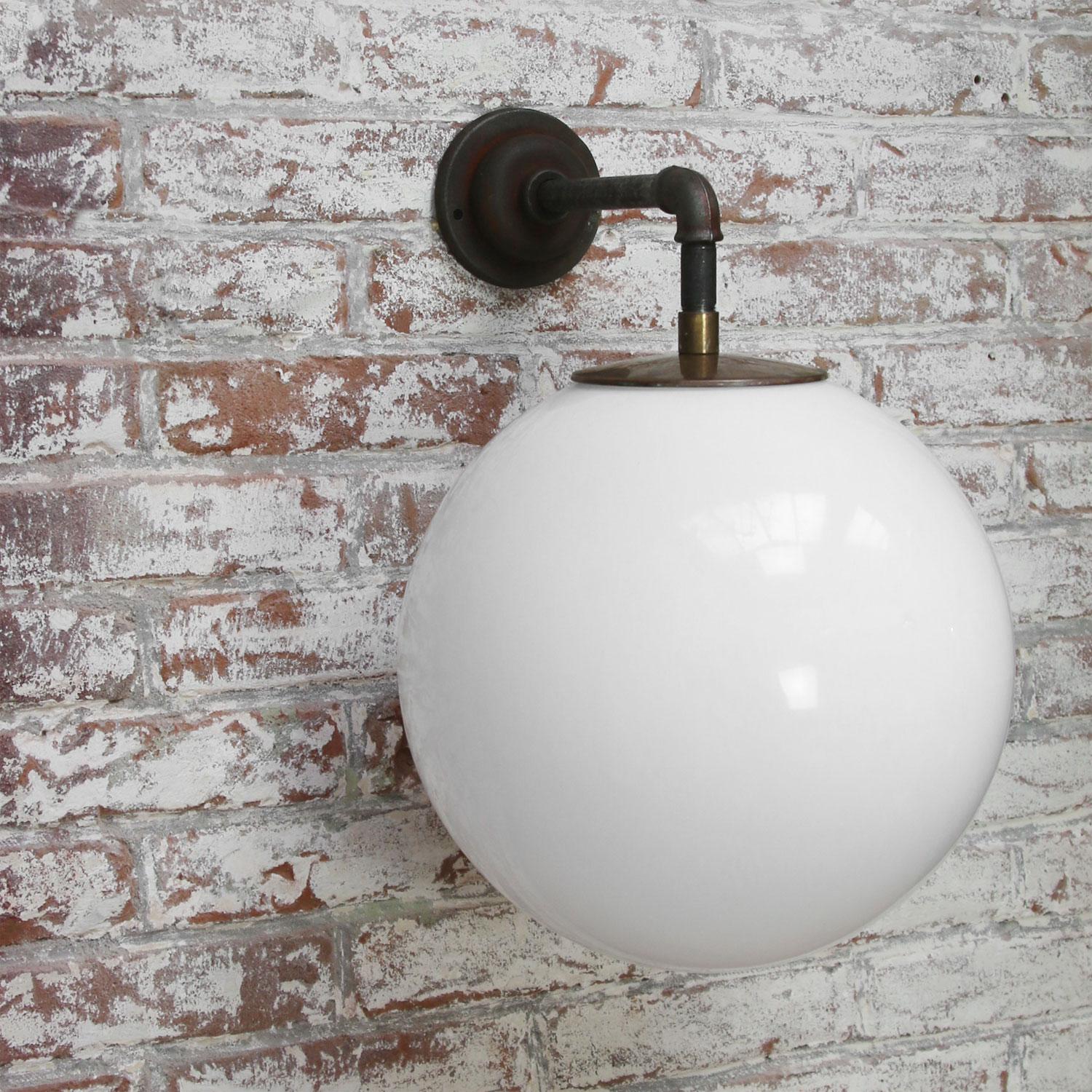 Dutch White Opaline Vintage Industrial Cast Iron Scones Wall Lights For Sale