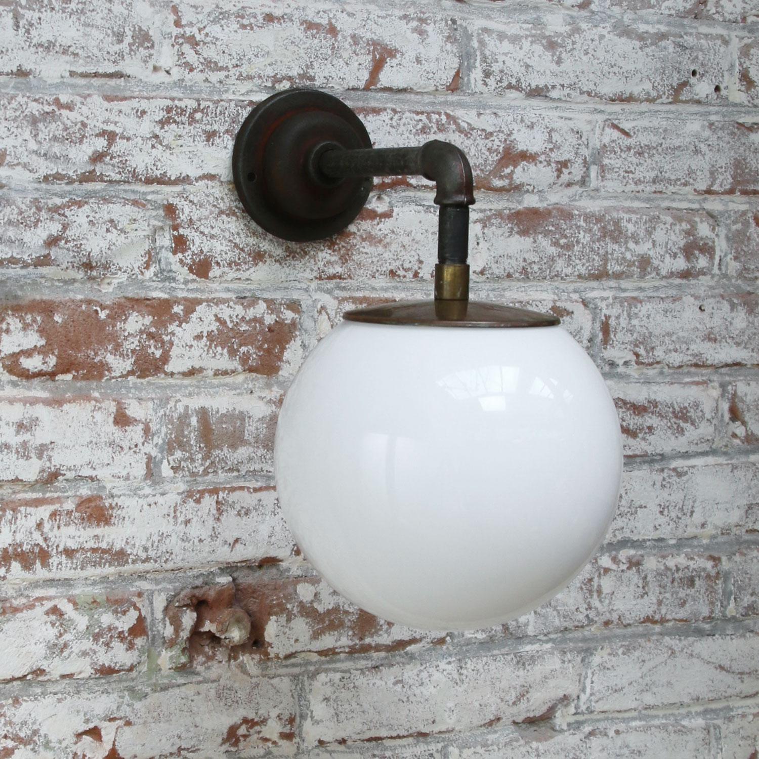 Dutch White Opaline Vintage Industrial Cast Iron Scones Wall Lights