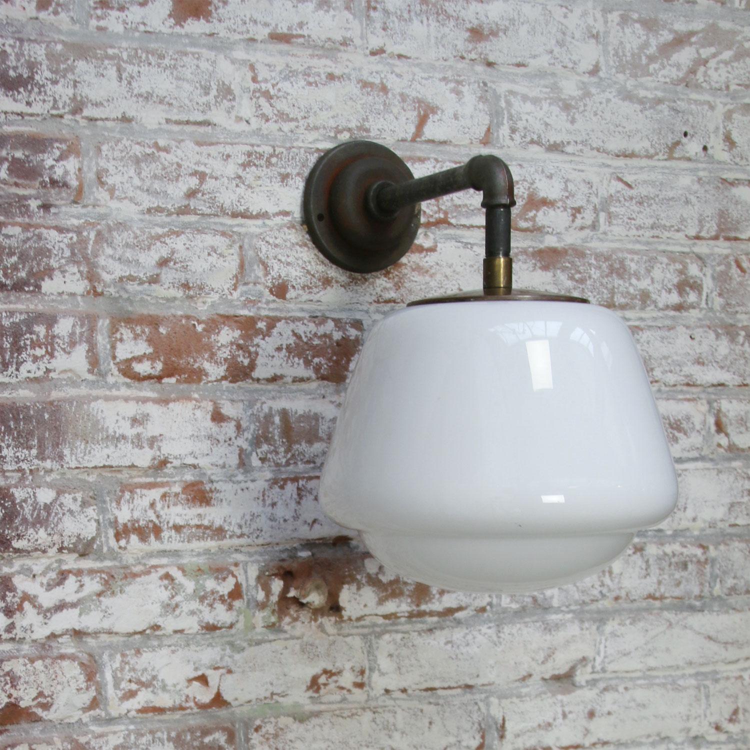 White Opaline Vintage Industrial Cast Iron Brass Scones Wall Lights In Good Condition In Amsterdam, NL