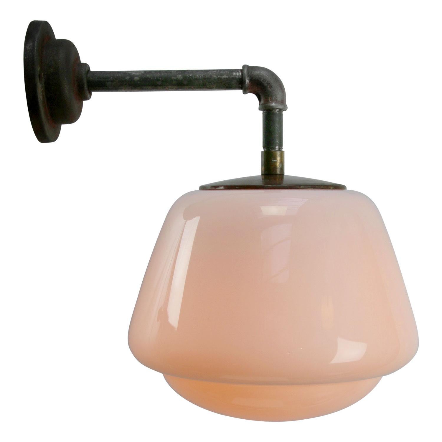 20th Century White Opaline Vintage Industrial Cast Iron Brass Scones Wall Lights