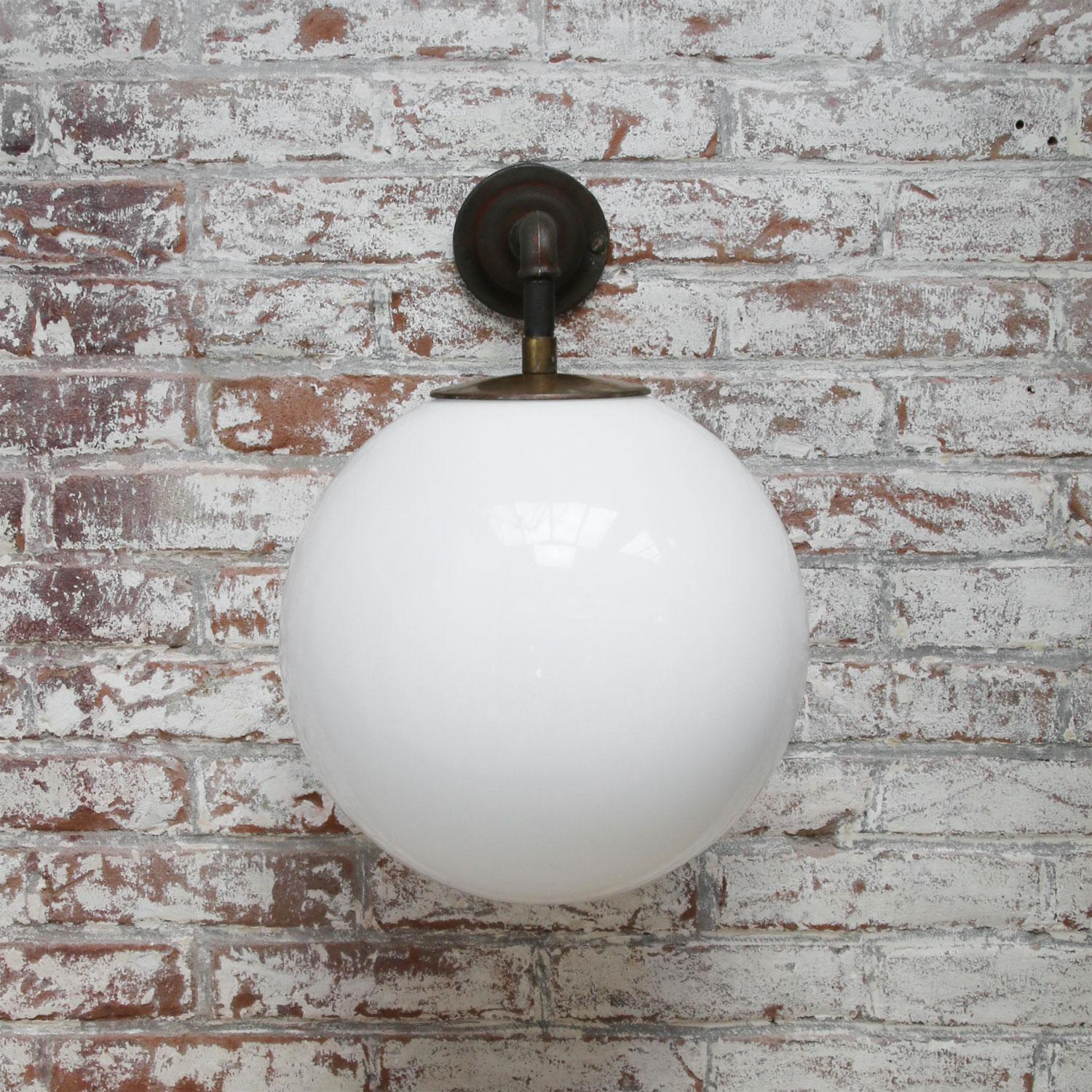 20th Century White Opaline Vintage Industrial Cast Iron Scones Wall Lights For Sale