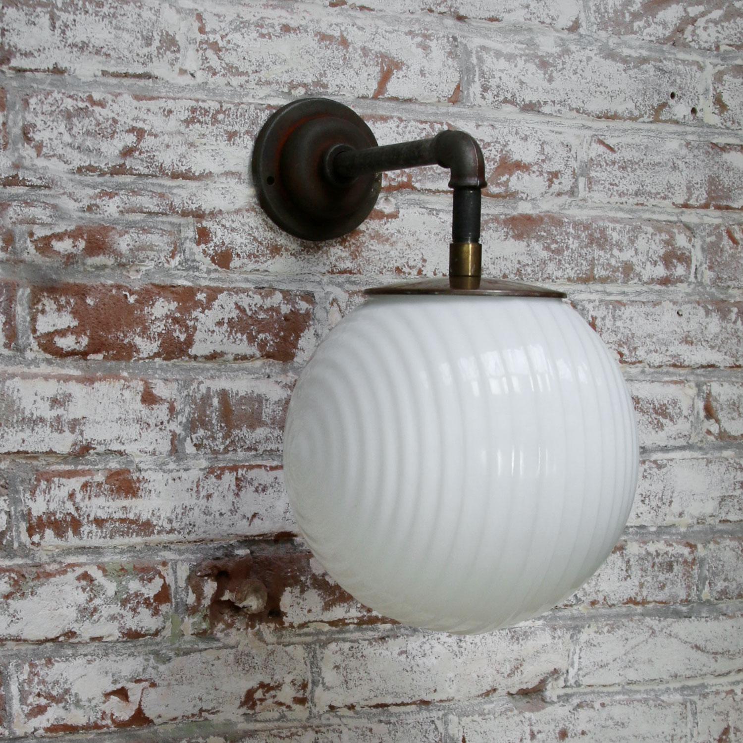 20th Century White Opaline Vintage Industrial Cast Iron Scones Wall Lights For Sale