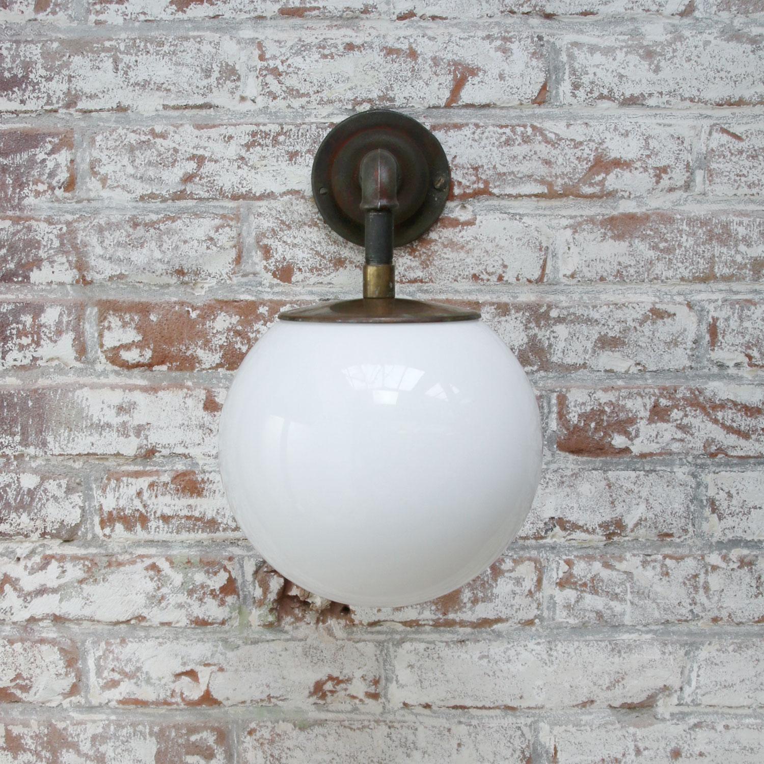 Dutch White Opaline Vintage Industrial Cast Iron Scone Wall Light