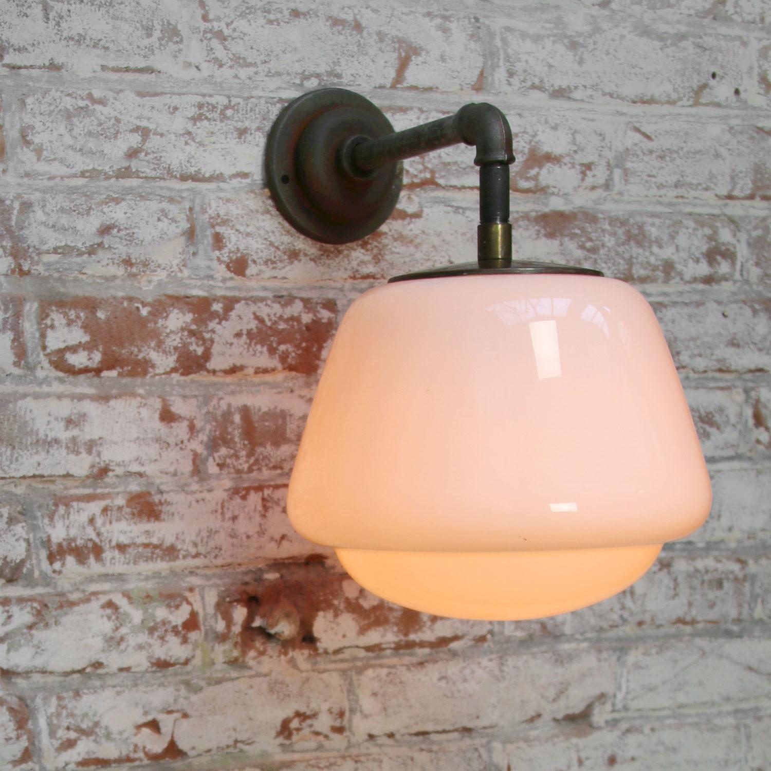 White Opaline Vintage Industrial Cast Iron Brass Scones Wall Lights 1
