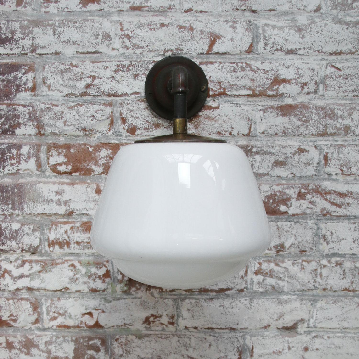 White Opaline Vintage Industrial Cast Iron Brass Scones Wall Lights 2