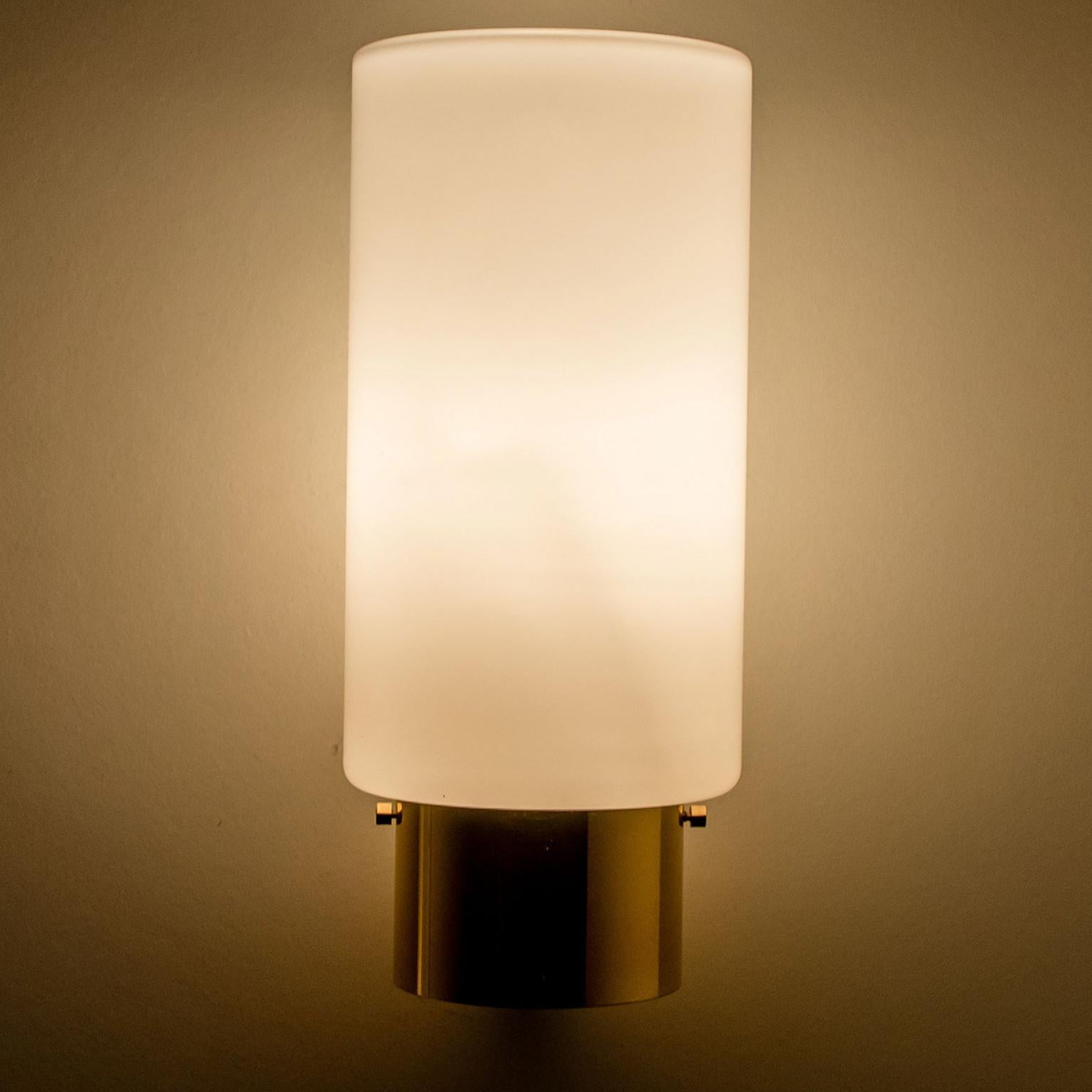 White Opaque Glass and Brass Wall Lights by Limburg, Germany, 1970s For Sale 5