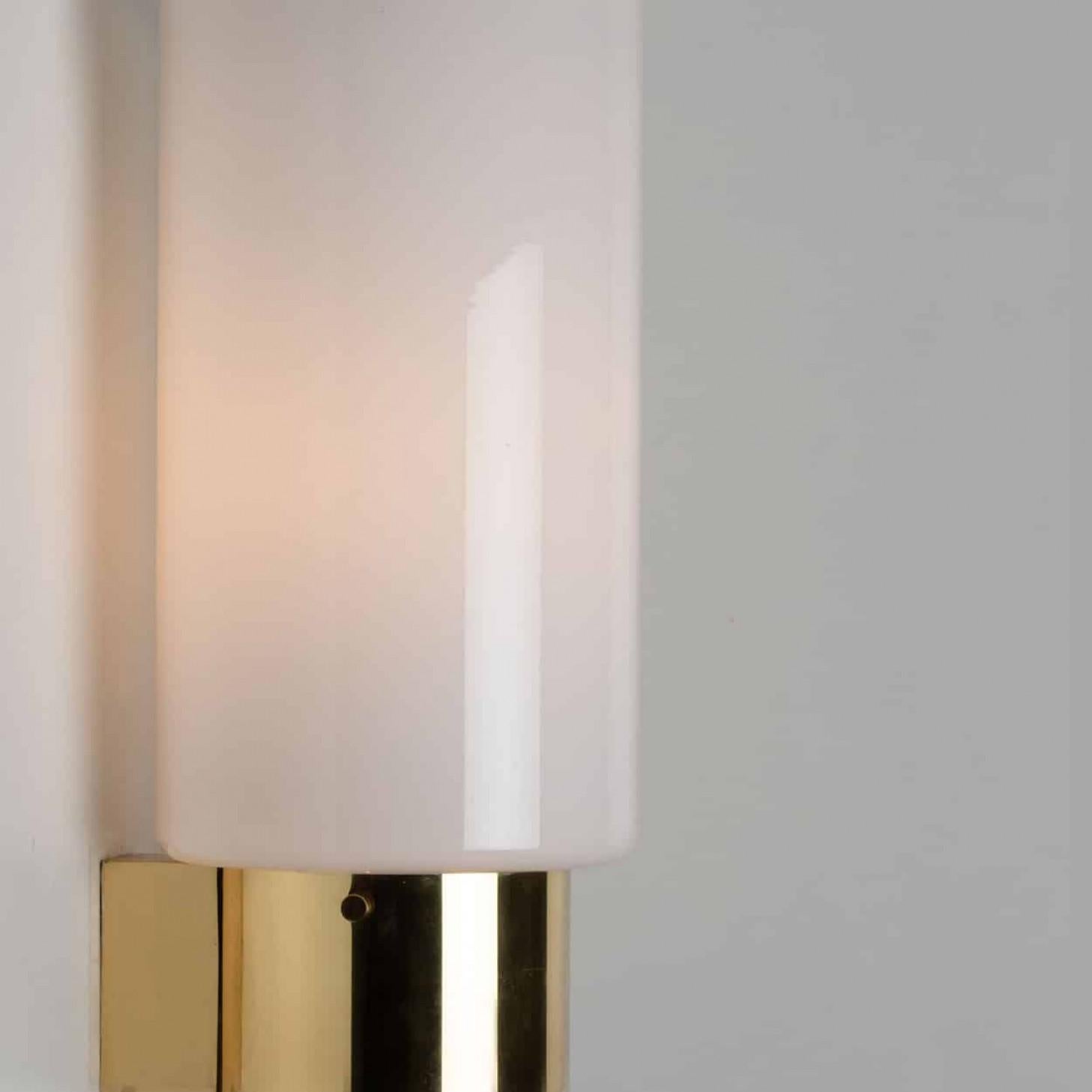 Mid-Century Modern White Opaque Glass and Brass Wall Lights by Limburg, Germany, 1970s For Sale