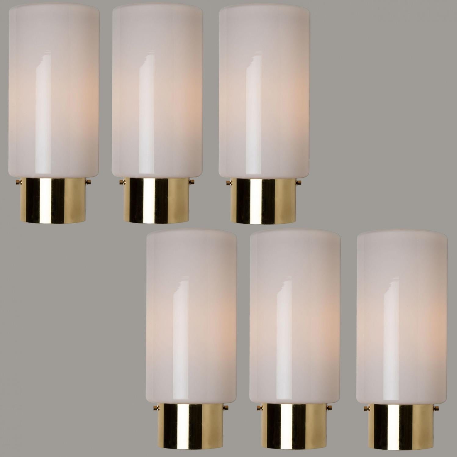 White Opaque Glass and Brass Wall Lights by Limburg, Germany, 1970s In Good Condition For Sale In Rijssen, NL