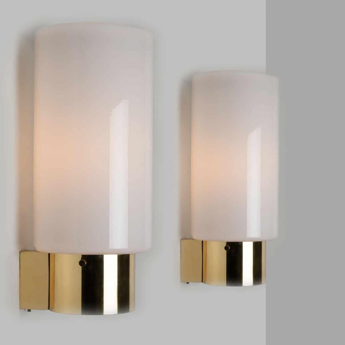 White Opaque Glass and Brass Wall Lights by Limburg, Germany, 1970s In Good Condition For Sale In Rijssen, NL