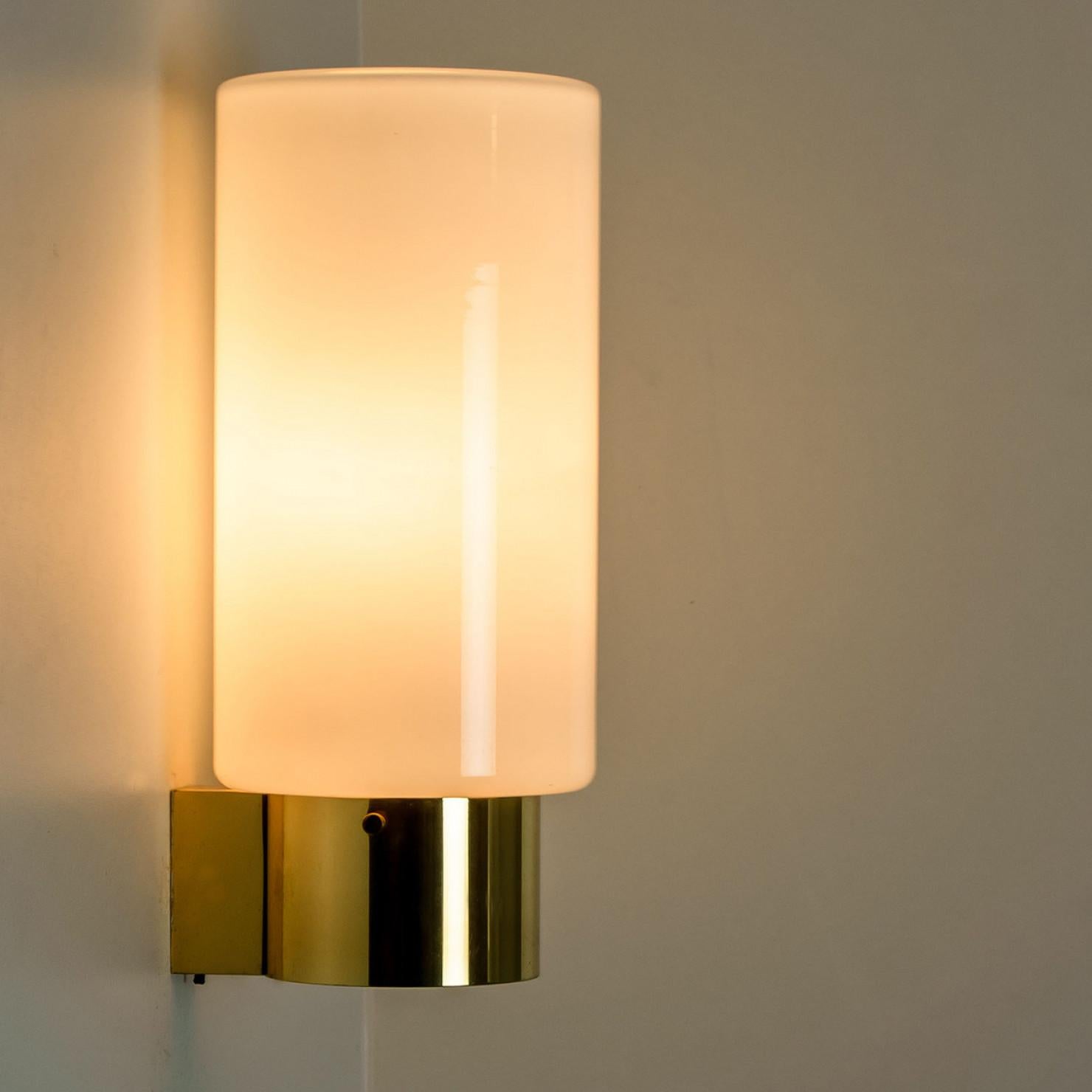 White Opaque Glass and Brass Wall Lights by Limburg, Germany, 1970s For Sale 1