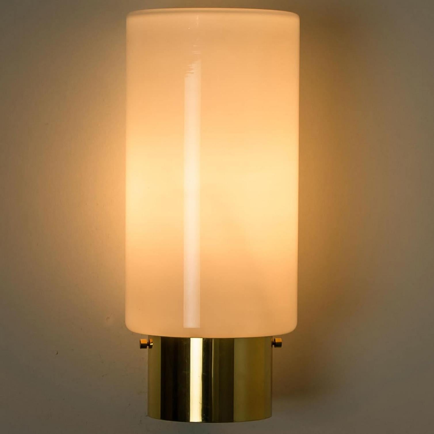 White Opaque Glass and Brass Wall Lights by Limburg, Germany, 1970s For Sale 1