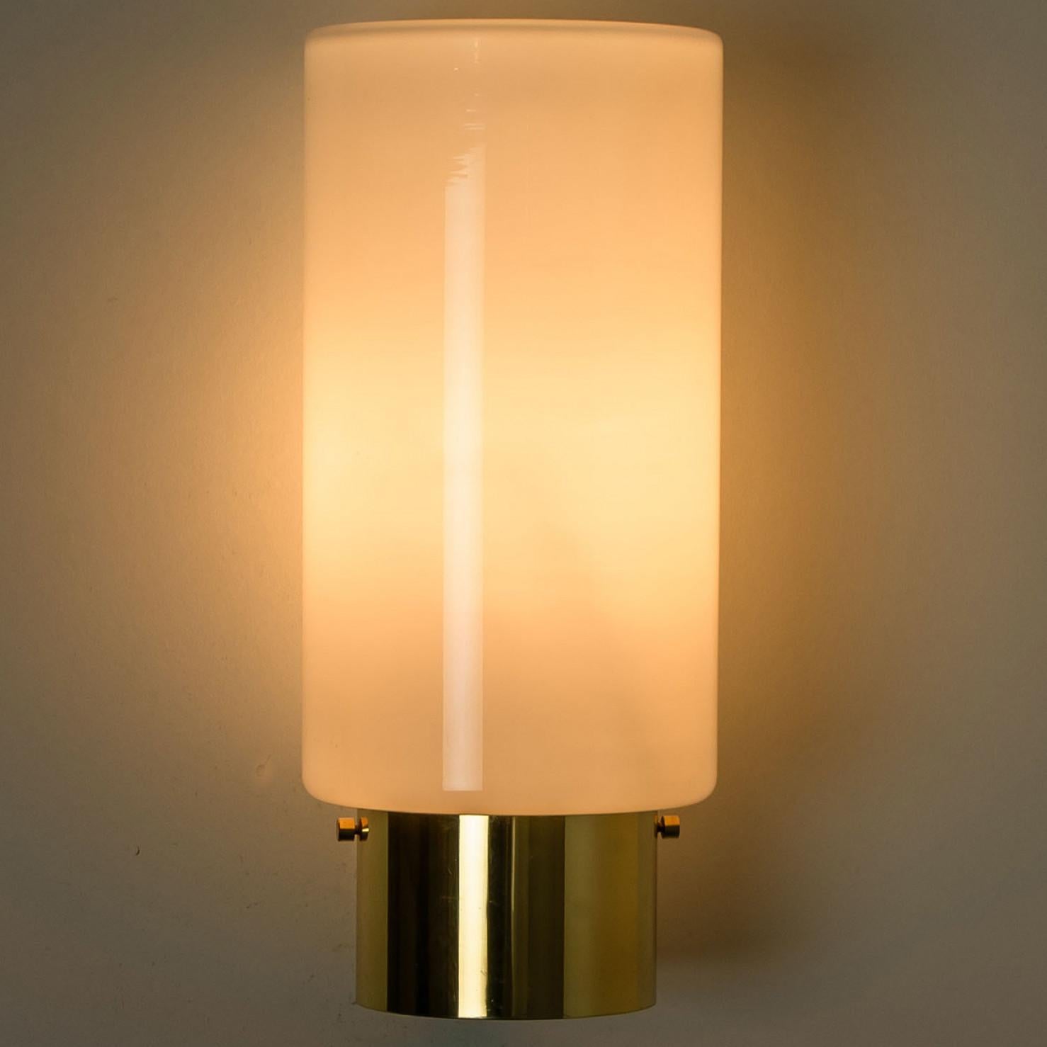 White Opaque Glass and Brass Wall Lights by Limburg, Germany, 1970s For Sale 2