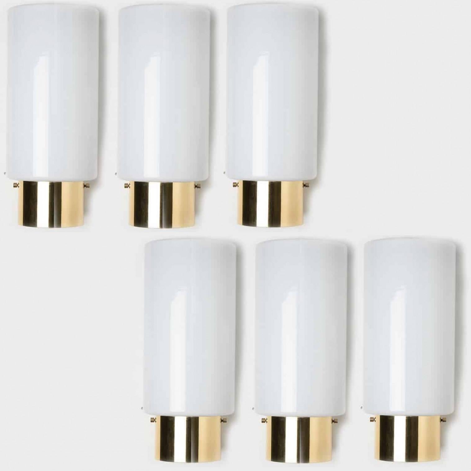 White Opaque Glass and Brass Wall Lights by Limburg, Germany, 1970s For Sale 2