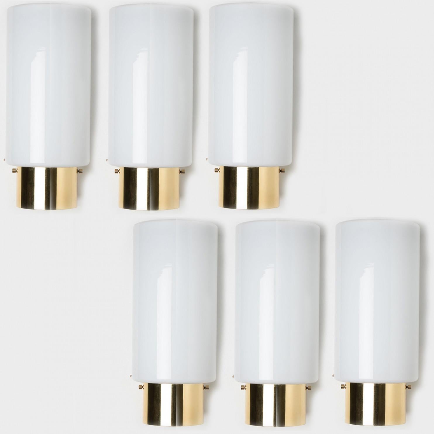 White Opaque Glass and Brass Wall Lights by Limburg, Germany, 1970s For Sale 3