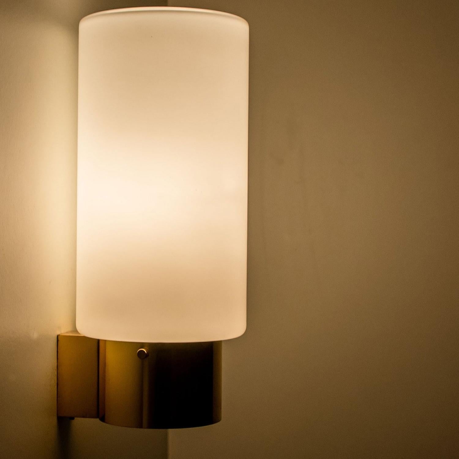 White Opaque Glass and Brass Wall Lights by Limburg, Germany, 1970s For Sale 3