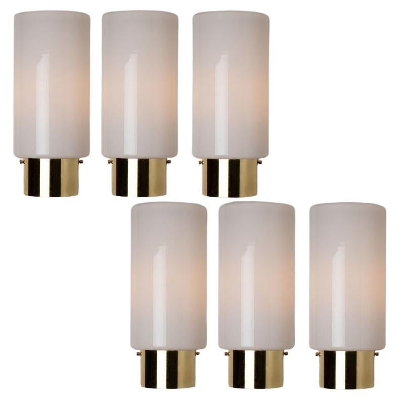 White Opaque Glass and Brass Wall Lights by Limburg, Germany, 1970s For Sale