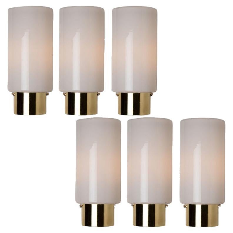 White Opaque Glass and Brass Wall Lights by Limburg, Germany, 1970s