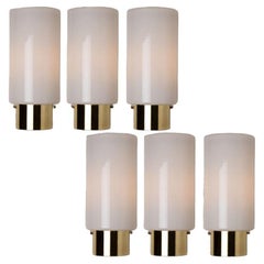 White Opaque Glass and Brass Wall Lights by Limburg, Germany, 1970s