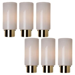 White Opaque Glass and Brass Wall Lights by Limburg, Germany, 1970s