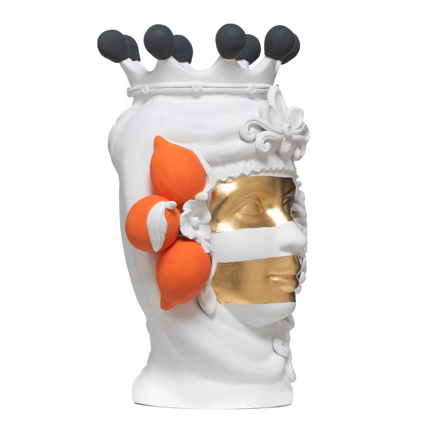 Modern White, Orange and Gold Sicilian Terracotta Vase Designed by Stefania Boemi For Sale