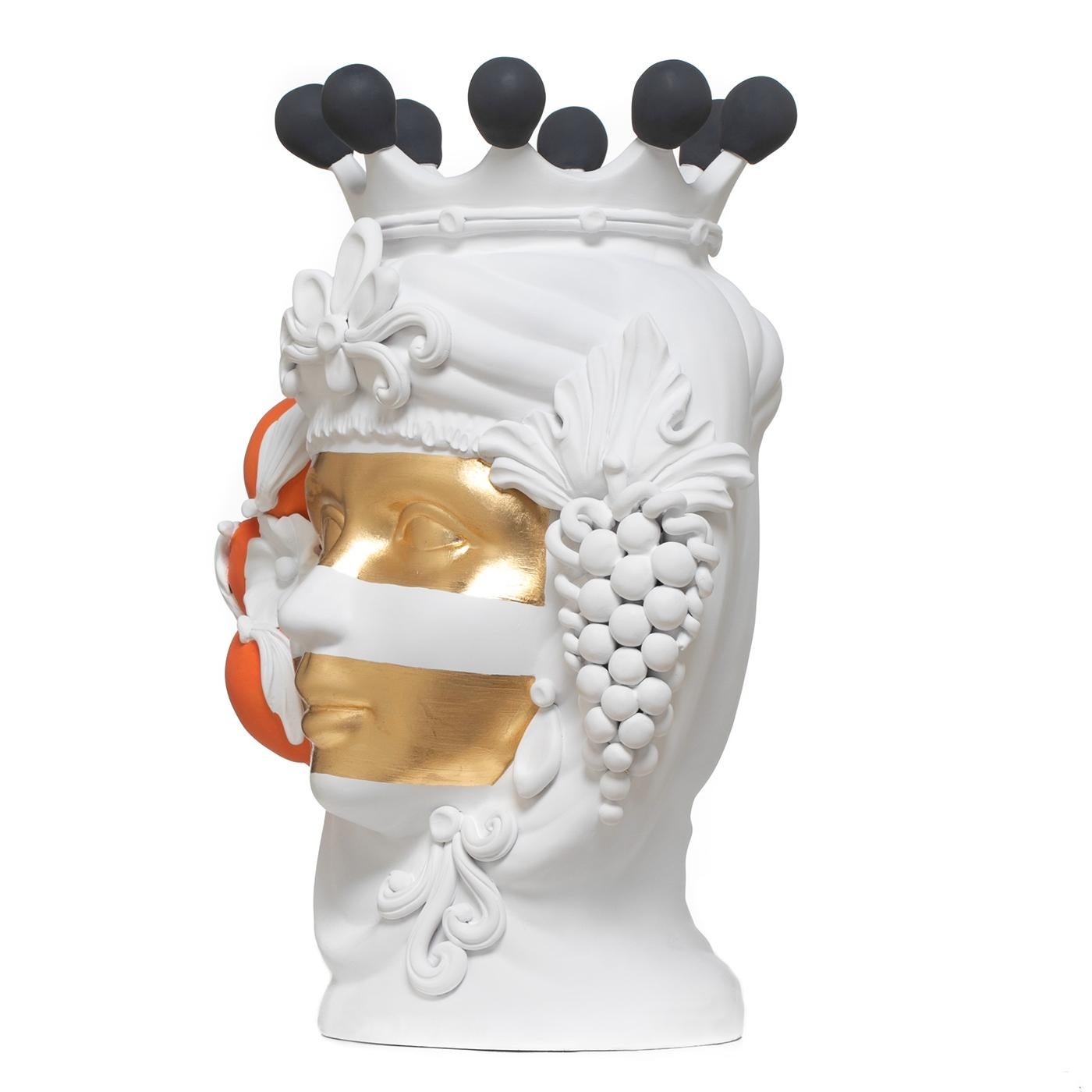 White, Orange and Gold Sicilian Terracotta Vase Designed by Stefania Boemi In New Condition For Sale In Beverly Hills, CA
