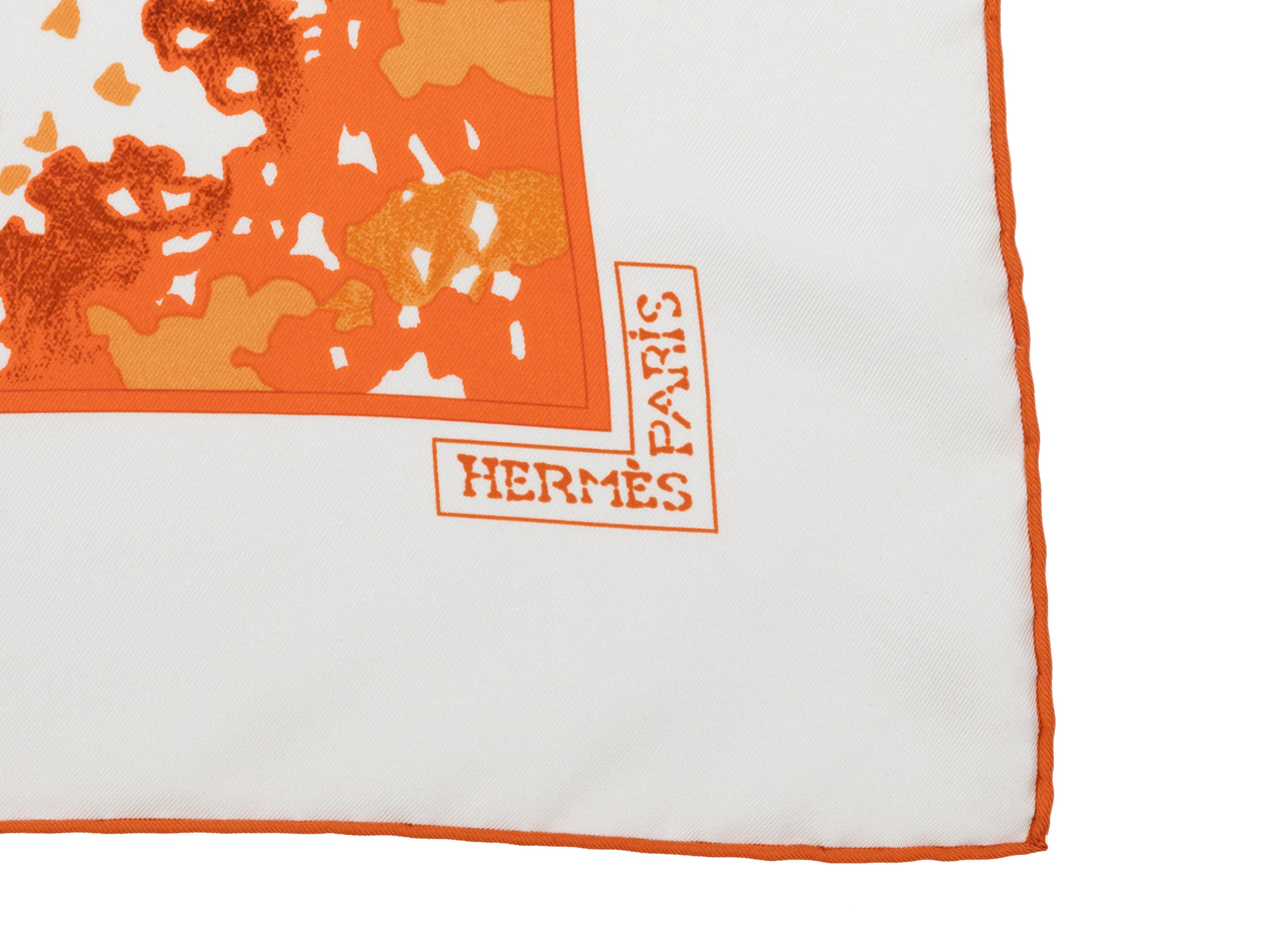 White and orange Trois Feuilles print silk scarf by Hermes. 35