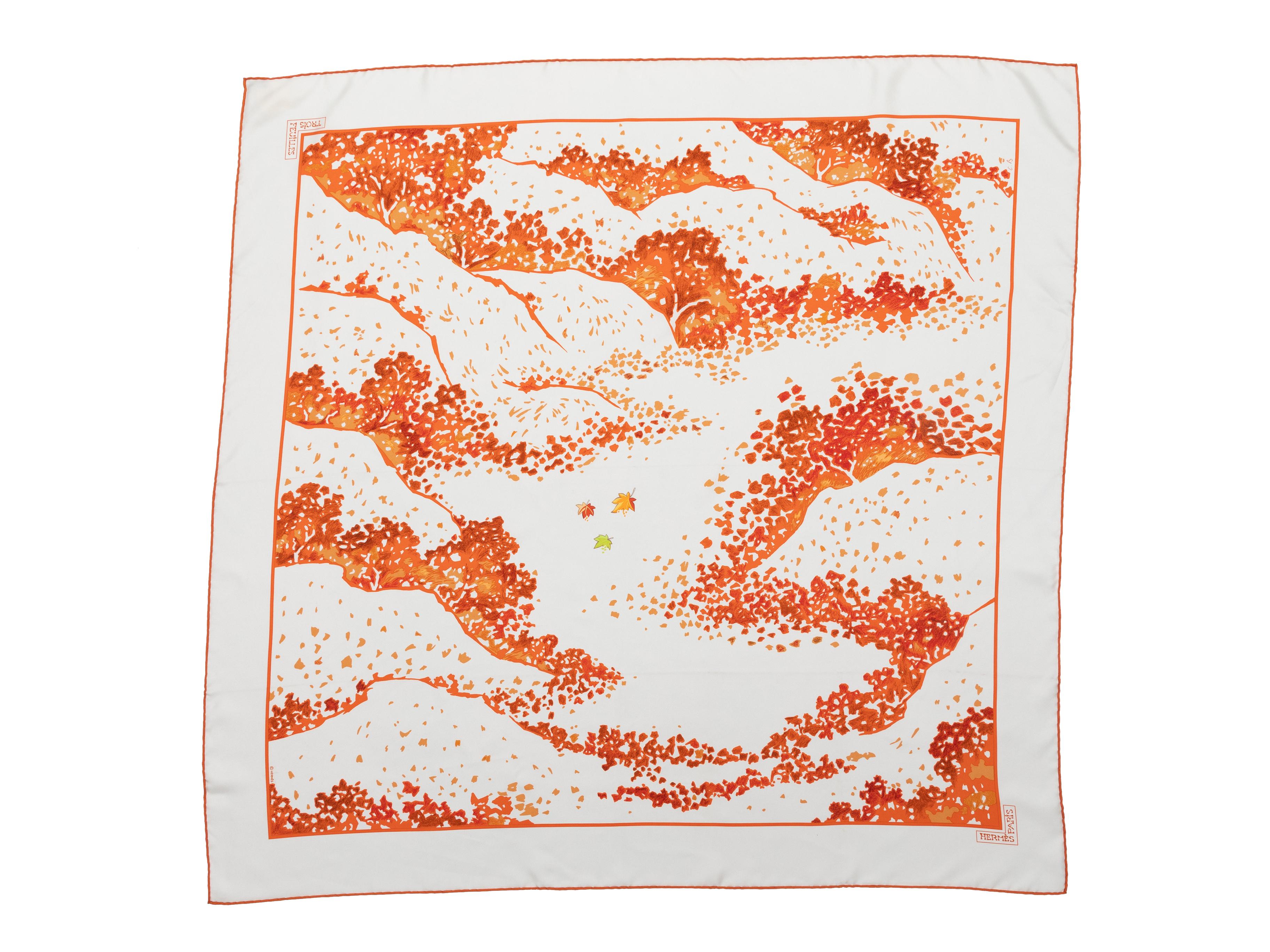 White & Orange Hermes Trois Feuilles Print Silk Scarf In Excellent Condition In New York, NY