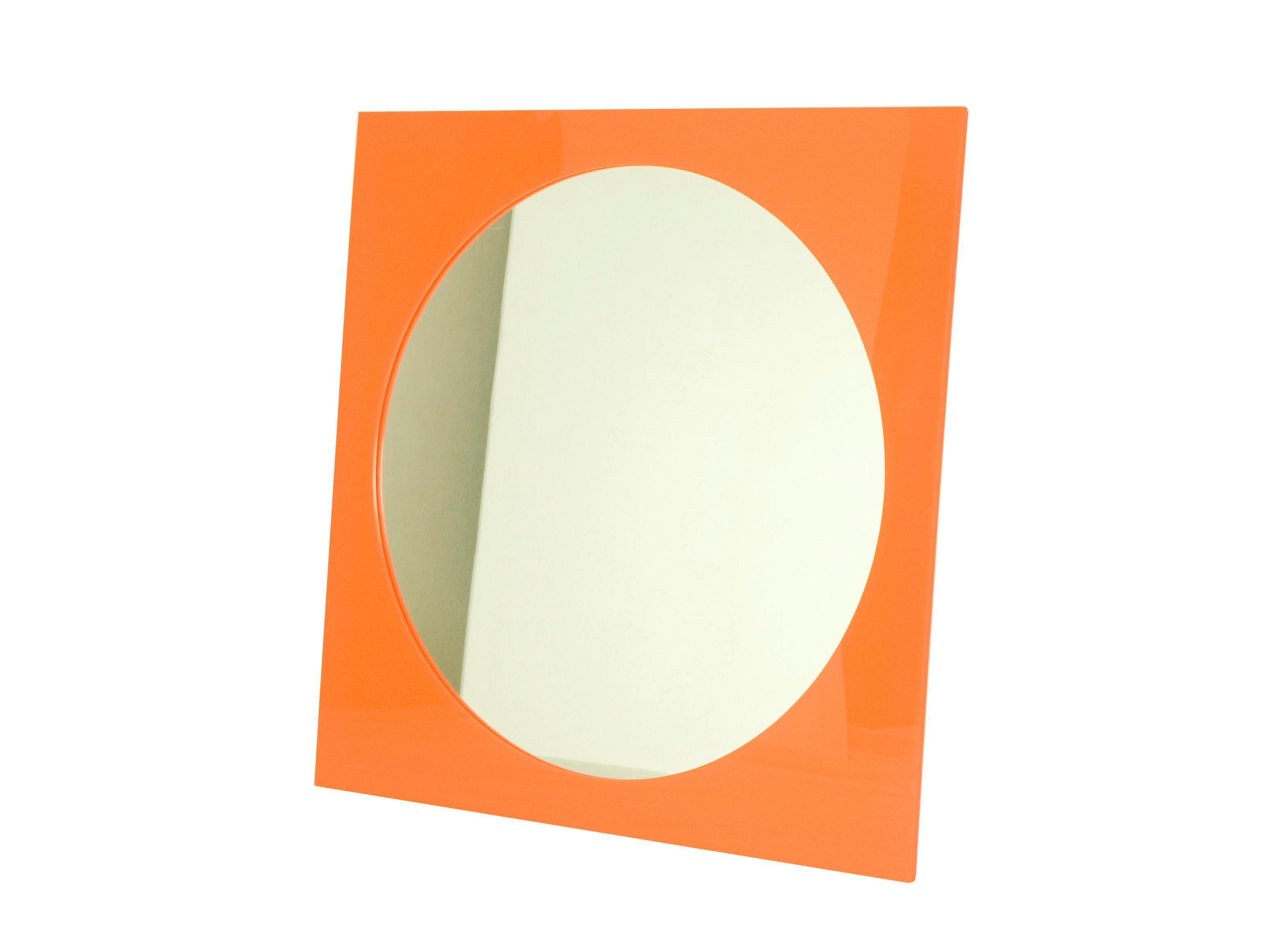 Orange methacrylate square wall mirror design by Gino Colombini and produced by Kartell in the 1970s.
Visible oxidation patina on the mirror.
