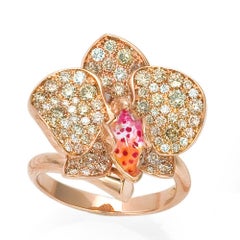 White Orchid Flower White Diamonds and Brown Diamonds Ring in 18k Rose Gold