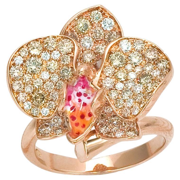 White Orchid Flower White Diamonds and Brown Diamonds Ring in 18k Rose Gold For Sale