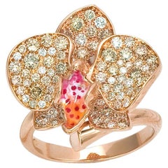 White Orchid Flower White Diamonds and Brown Diamonds Ring in 18k Rose Gold