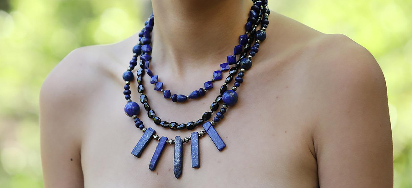 Ancient Magic: Bib Necklace-Lapis Lazuli Black Spinel Silver In New Condition In Athens, GA