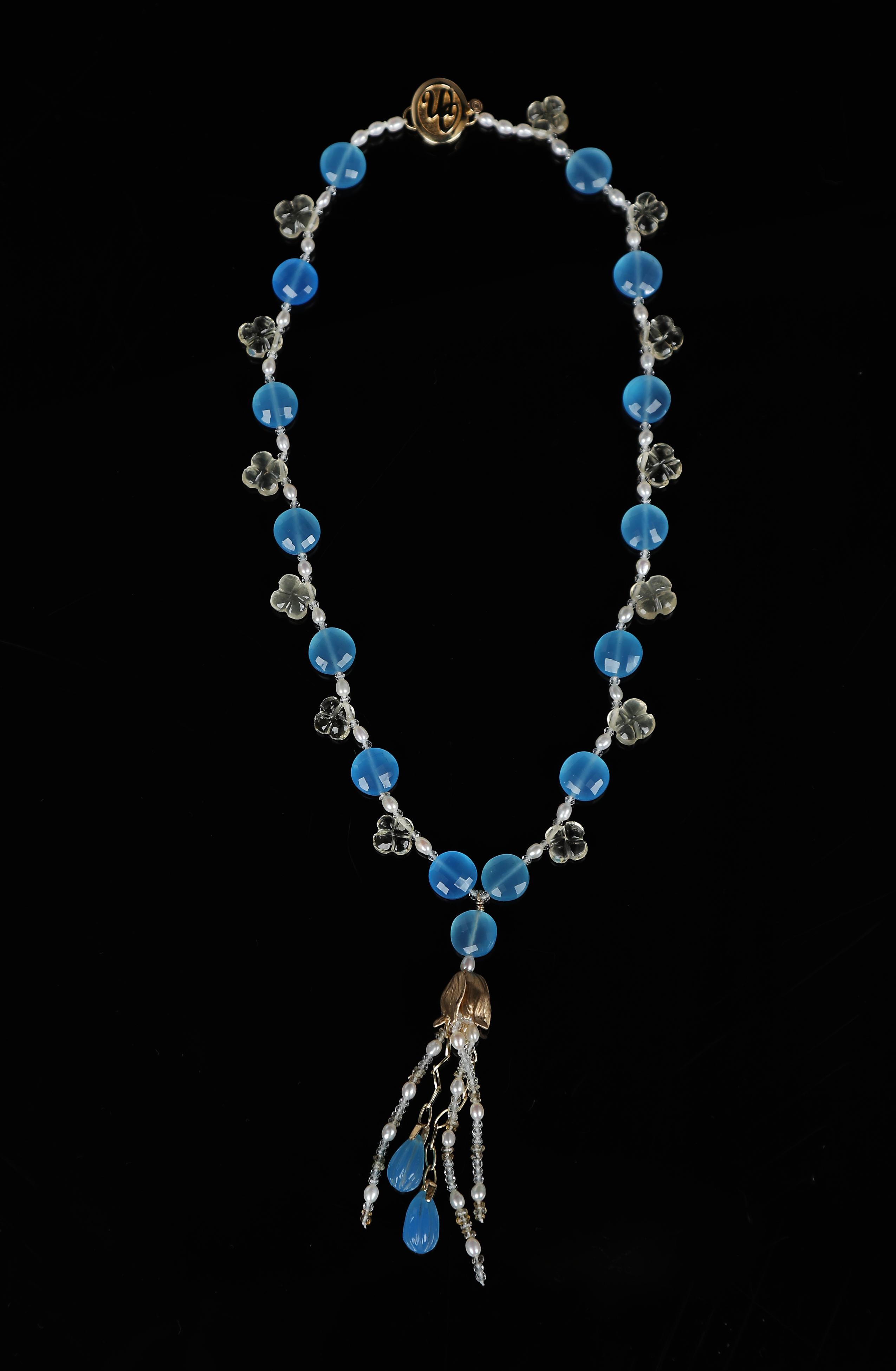 Contemporary Blue Chalcedony, Scapolite, White Topaz, Pearl, and Yellow Gold Necklace For Sale