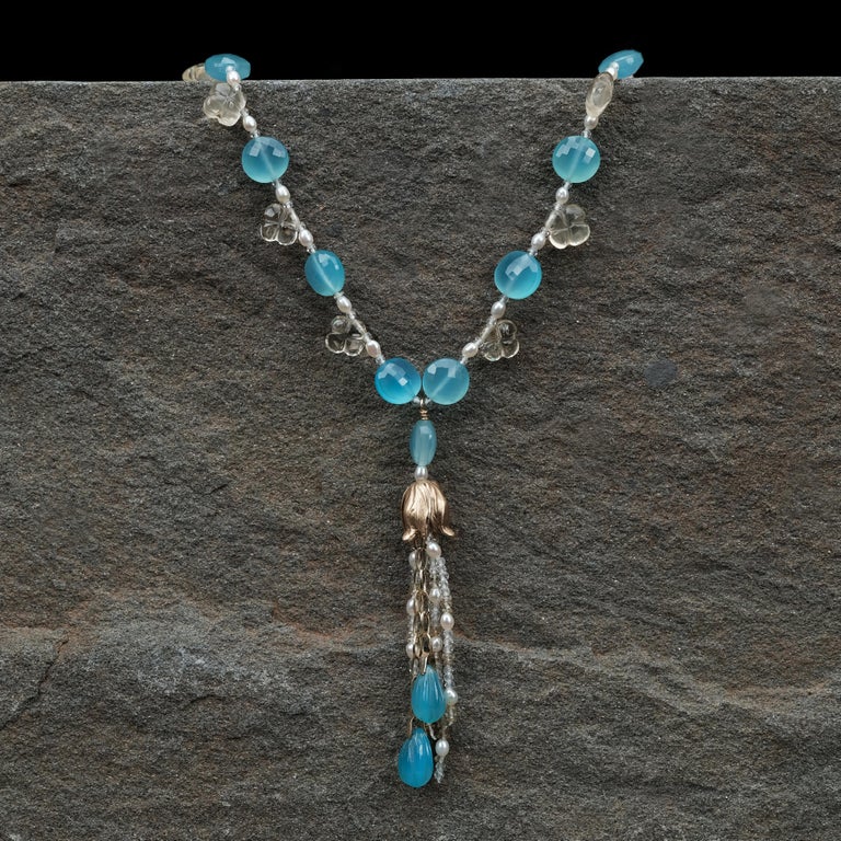 Contemporary Choker Necklace with Tassel: Blue Chalcedony, Topaz, Pearl, and Gold  For Sale
